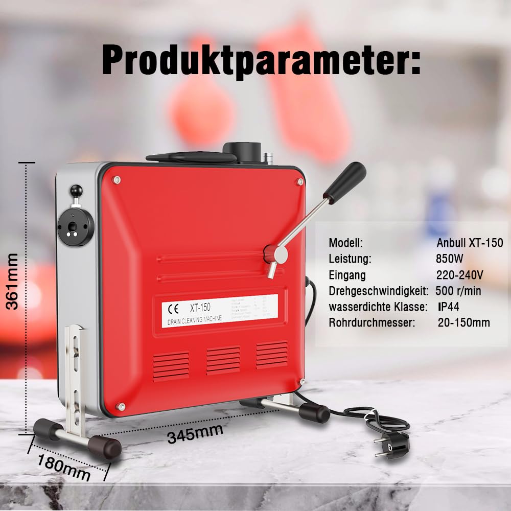 Anbull 850W elektrische Rohrreinigungsmaschine mit 14m Ø22mm,14.5m Ø16mm, 5m Ø10mm Spirale für Ø20-200 mm Rohrleitungen,rohrreinigungsmaschine elektrisch,450U/M Rohrreiniger, rohrreinigungsspirale