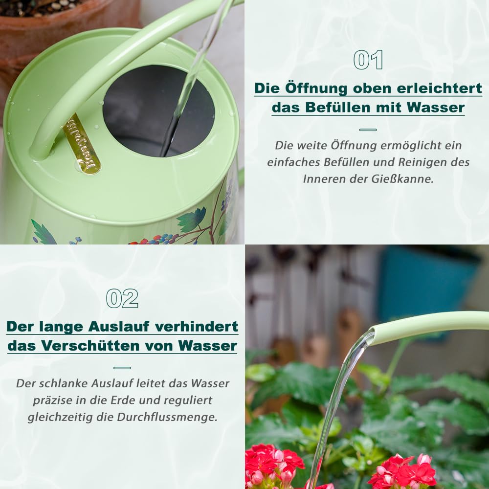 Berry&Bird Gießkanne mit langem Auslauf für Haus & Garten, Gewächshaus, Indoor, Outdoor, Metall, im British Bloom Style für Zimmerpflanzen, Bonsai, 2 Liter(Grün)