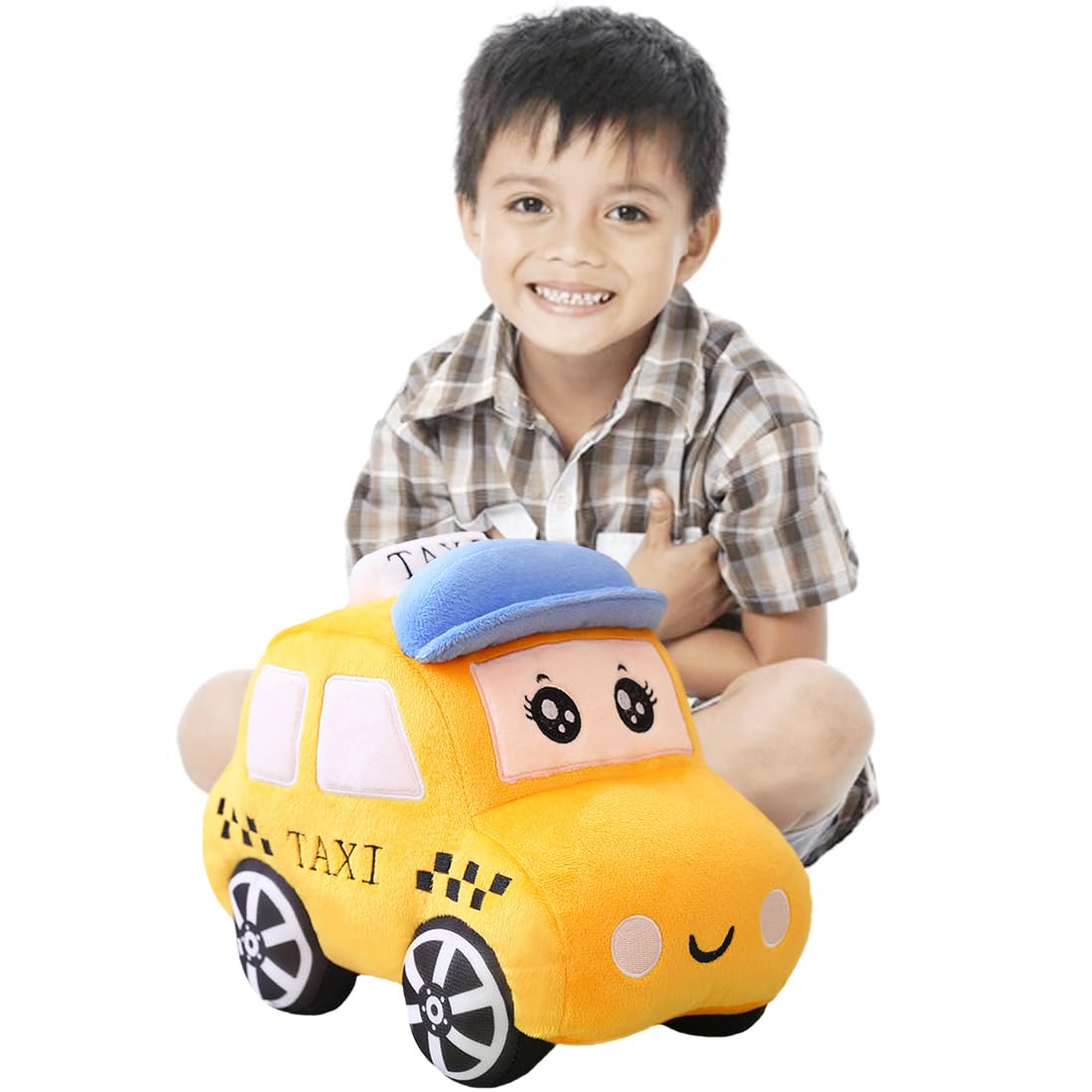 ELAINREN Cartoon Taxi Stuffed Car Toy Simulation Yellow Taxi Car Plush Toy Cartoon Yellow Taxi Plushie Truck Gifts/11.8Inch