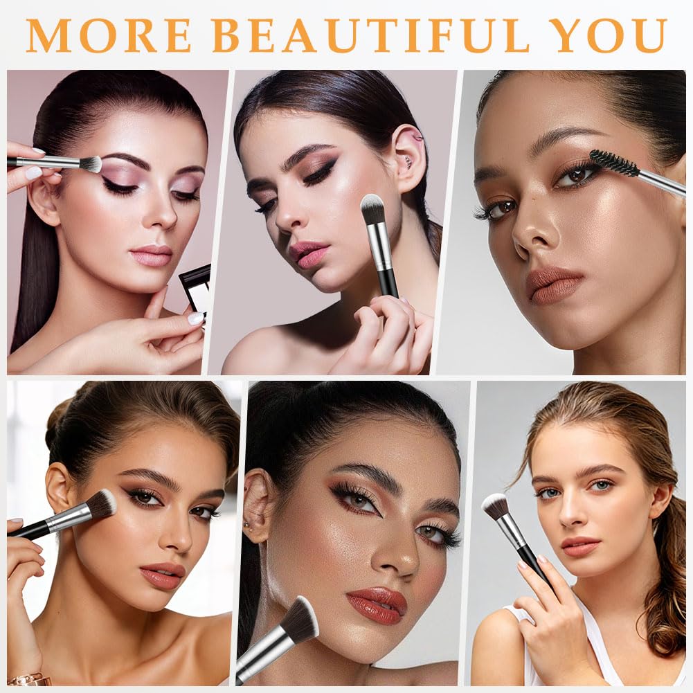 LOPHE Brochas de Maquillaje Profesional, Set 14+3 Piezas Brocha Maquillaje, Pinceles Sintéticos para Cara y Ojos, Cerdas Suaves, Kit Brochas con 2 Soplos de Polvo y Bolsa de Viaje (Negro Plata)