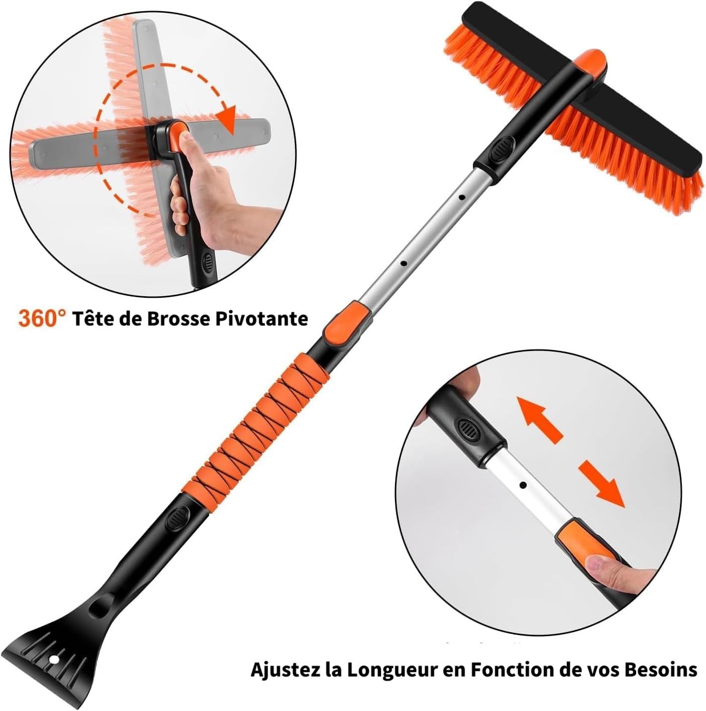 120CM Brosse à Neige pour Voiture - Grattoir à Glace de Pare Brise - Pelle à Neige avec Manche Extensible et Poignée en Mousse - Ensemble de Balai à Neige pour Voiture, SUV, Camion, Orange