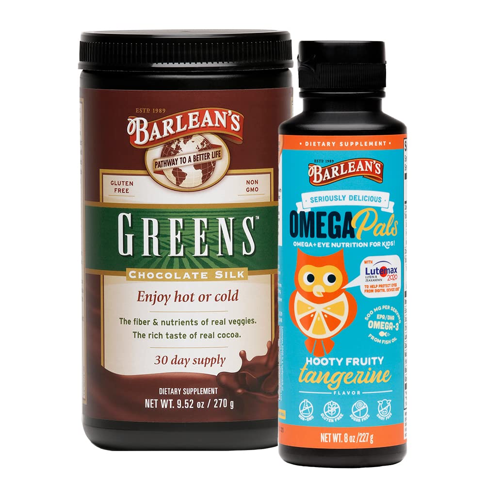 Barlean'sOmega Pals Healthy Kids Bundle, Hooty Fruity Omega 3 Fish Oil Liquid Supplement and Chocolate Silk Greens Powder Set