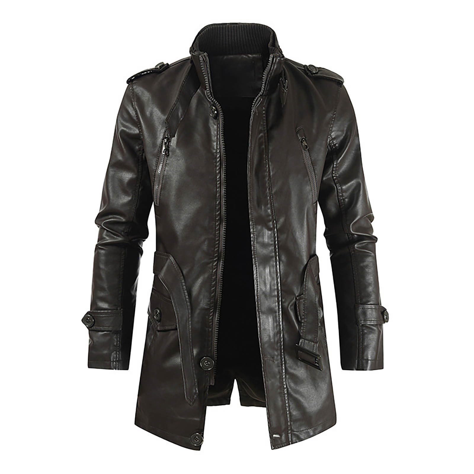 Chaqueta de invierno de cuero casual para hombre, gabardina de manga larga y cuello alto con cremallera