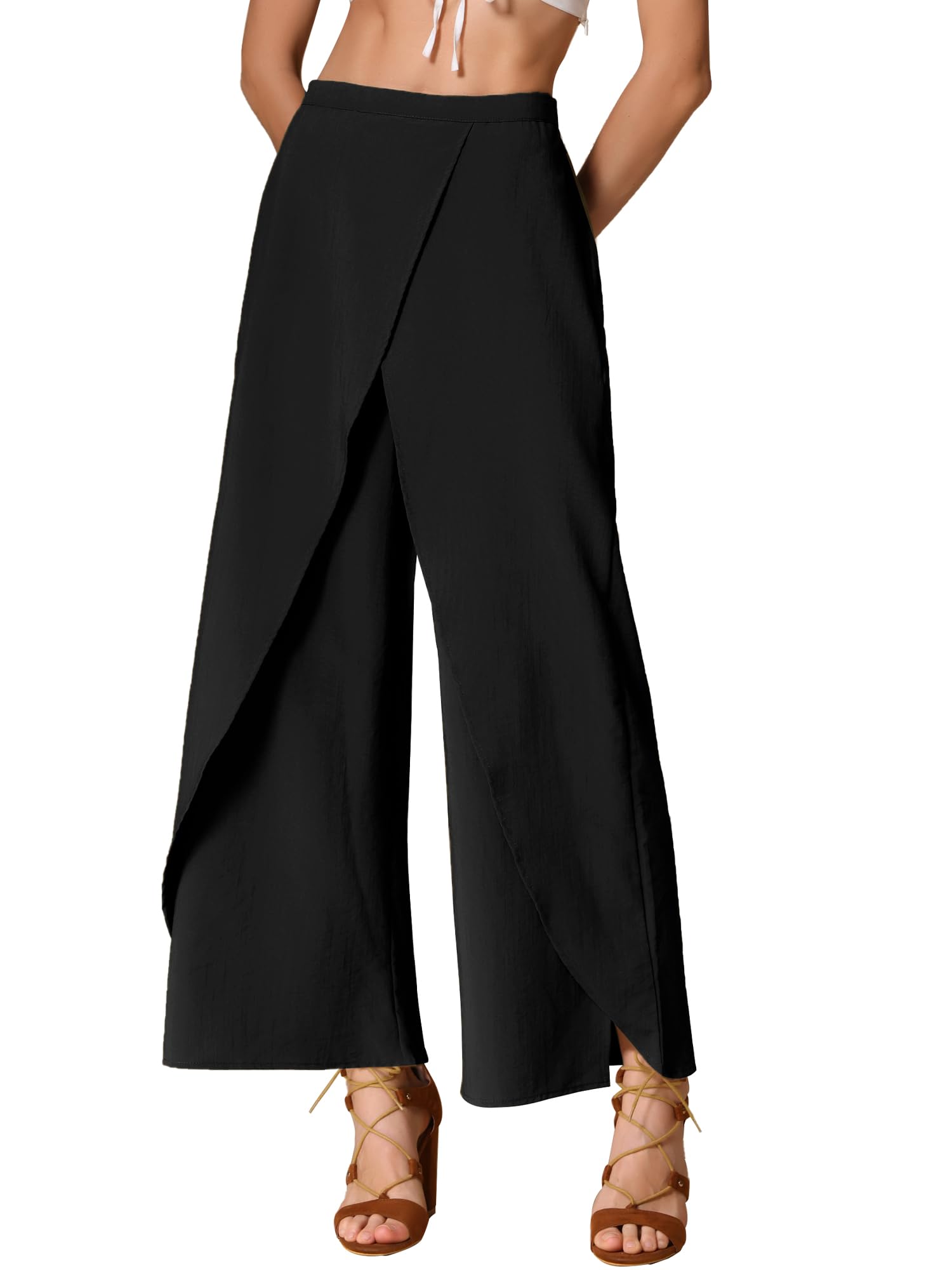 Allegra K Casual Wide Legs Pants for Womens Elastic High Waist Split Side Loose Trousers