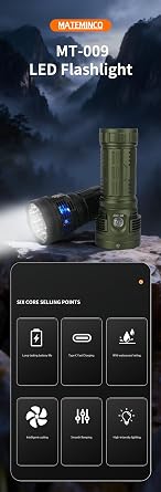 MT009 High Lumen Ultra-Bright LED Flashlight 26000 Lumens, Rechargeable Flashlight with Active Cooling Fan, Long Range Strong LED Torch, Tactical Flashlight for Camping, Outdoor (Silver)