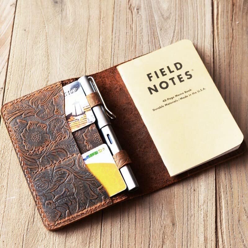 Leather Journal Cover for Moleskine Cahier Notebook Pocket size with pen holder 3.5" x 5.5" Field Notes Cover Vintage Refillable- 303 - Tooled Brown