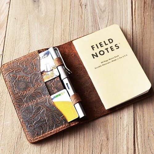 Leather Journal Cover For Moleskine Cahier Notebook Pocket Size With Pen Holder 3.5" X 5.5" Field Notes Cover Vintage Refillable- 303 - Tooled Brown #TOP4