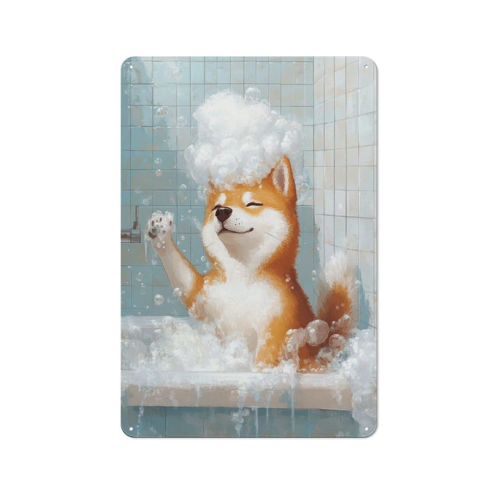 Junmoney Style-24 For Lounge Or Reading Corner, Shiba Inu Bath Time Retro Tin Sign 30X20cm, Gift For Reading Corner Decorators During The Christmas Season