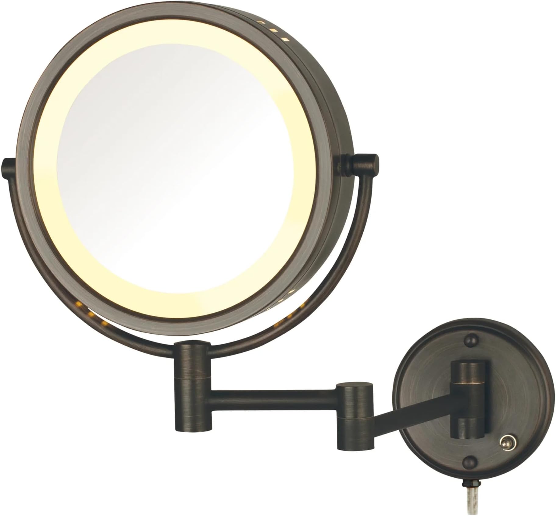 Two-Sided Wall-Mounted Makeup Mirror with Lights - Lighted Makeup Mirror with 8X Magnification & Wall-Mount Arm - 8.5-inch Diameter Mirror with Bronze Finish Wall Mount - Model HL75BZ