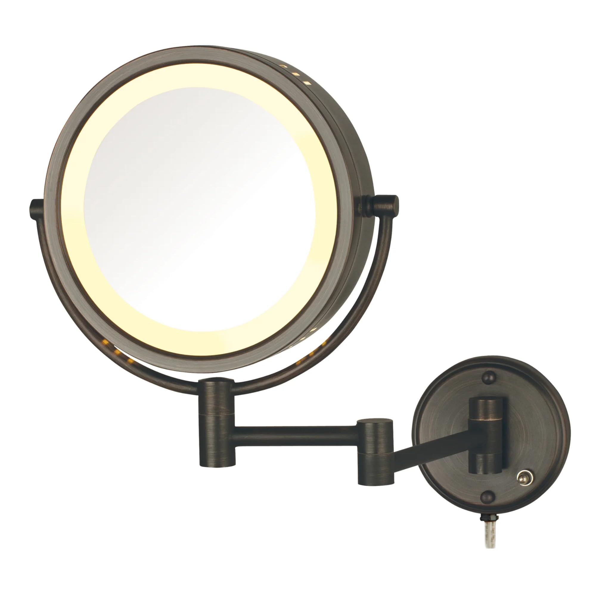 JERDON Two-Sided Wall-Mounted Makeup Mirror with Lights - Lighted Makeup Mirror with 8X Magnification & Wall-Mount Arm - 8.5-inch Diameter Mirror with Bronze Finish Wall Mount - Model HL75BZ