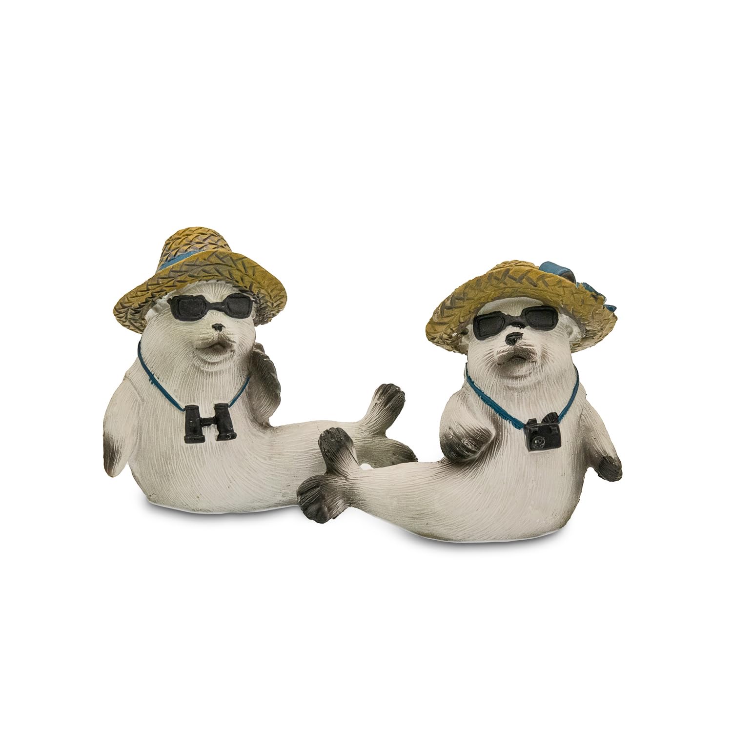 Logbuch-Verlag Set of 2 Seals Figures with Straw Hat and Sunglasses 8.5 x 3.5 x 8 cm Polyresin Grey Matt - Maritime Decorative Seals - Table Decoration Bathroom Beach House Gift
