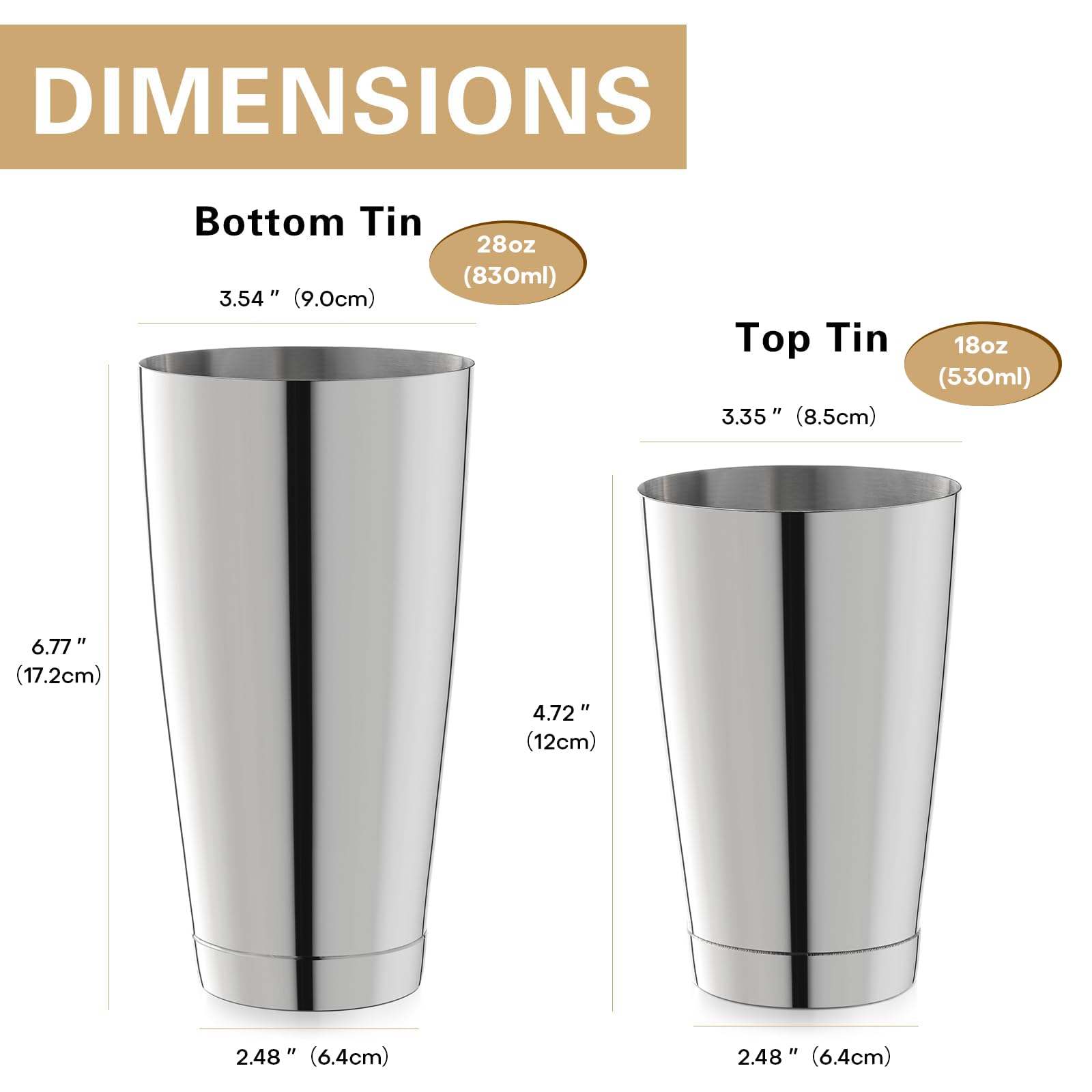 WOTOR Boston - Juego de coctelera con peso de acero inoxidable, 530 ml y 830 ml, mezclador de bebidas de metal para camareros, herramientas profesionales de bar