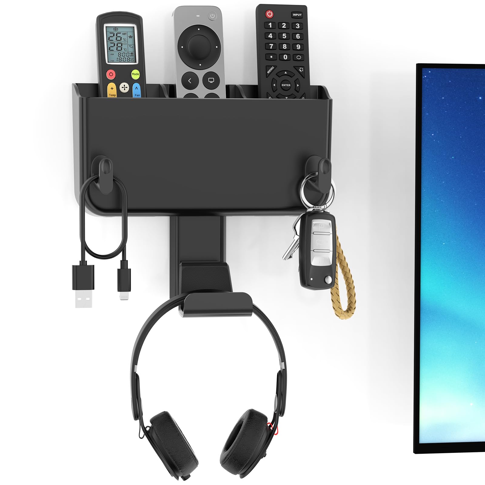 Kytok Adhesive Remote Control Holder Wall Mount with Headset Hanger, 3 in 1 Organizer TV/Fan Remote Caddy with Hook for Headphone, No Drill Controller Storage Bracket, Bed Wall Rack