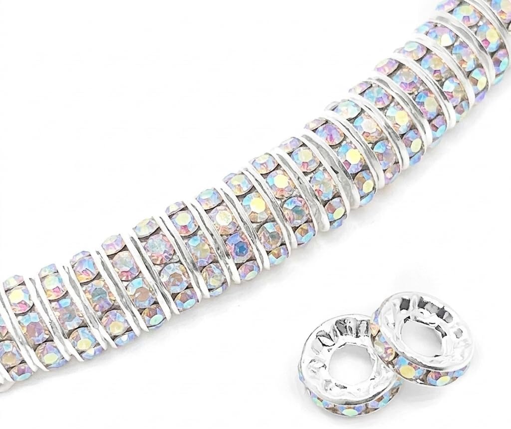100pcs Large Hole Rhinestone Spacer Beads 10mm Silver Plated Czech Crystal Rhinestone for DIY Jewelry Making Charms Bracelet (Mix)