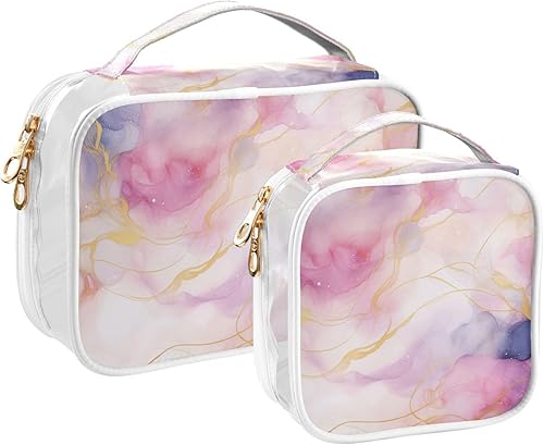 Miniatura 2 de Watercolor Pink Purple Marble Clear Toiletry Bag for Traveling,2 Pack Makeup Cosmetic Bag with Zipper,Travel Bag for Toiletries,Travel Essentials