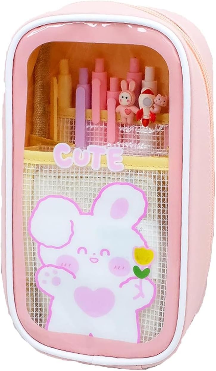 Kawaii Pencil Case Aesthetic Cute Pencil Case,1PC Cute Clear Pencil Pouch,Large Capacity Pencil Case,Children's Cartoon Stationery Bag, Cute Pencil Case Aesthetic Cute Pencil Case for Teen Girls,Pink - Pink