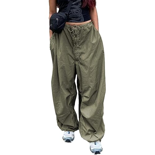 wdehow Women Casual Baggy Cargo Jogger Pants Y2K Tie-Up Elastic Waist Loose Fit Trousers Sweatpants Streetwear