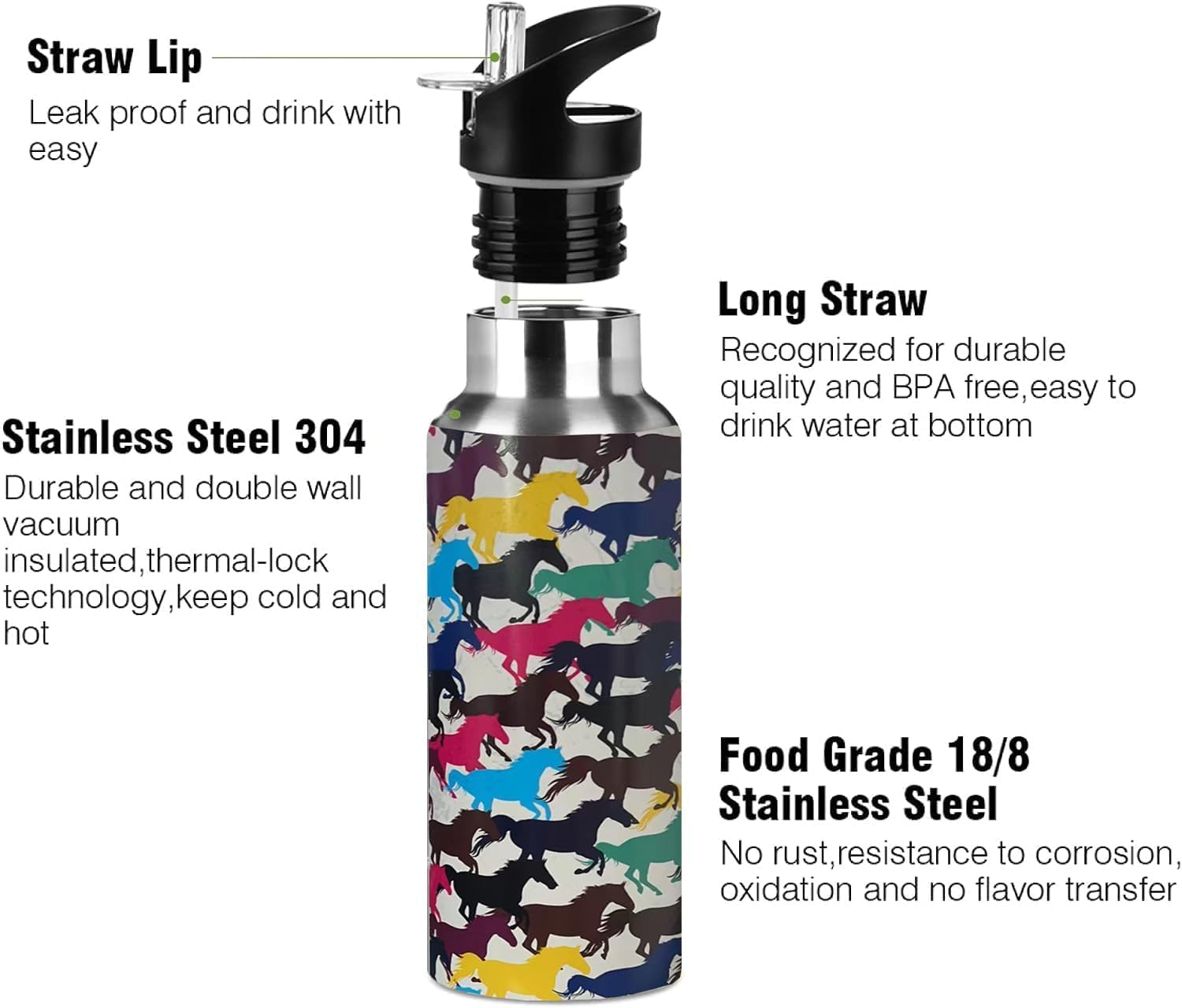 Kids Water Bottle with Straw,Horse Bottle Vacuum Insulated Stainless Steel Travel Mugs Tumbler For Sport School Outdoor 20 oz - Image 3