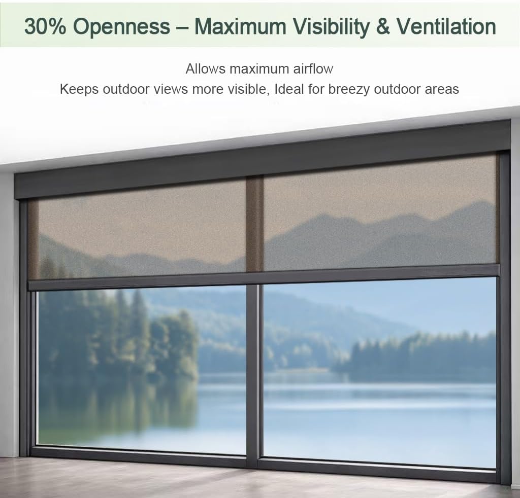 ZSHINE Motorized Outdoor Roller Shade, Hardwired or Solar Powered Rechargeable Patio Shade, Windproof Exterior Sun Shade, UV Protection for Pergola, Porch, Balcony (30% Openness Coffee)