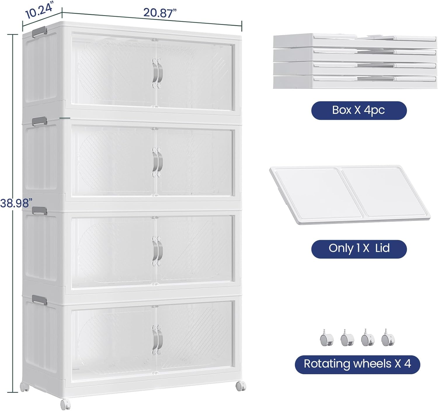 240QT Extra Large Stackable Storage Bins with Lid & Wheels & Doors, 60Gal Foldable Collapsible Closet Organizers, Plastic Cabinet Box Container Drawer for Home Kitchen Bedroom, 4Pack White