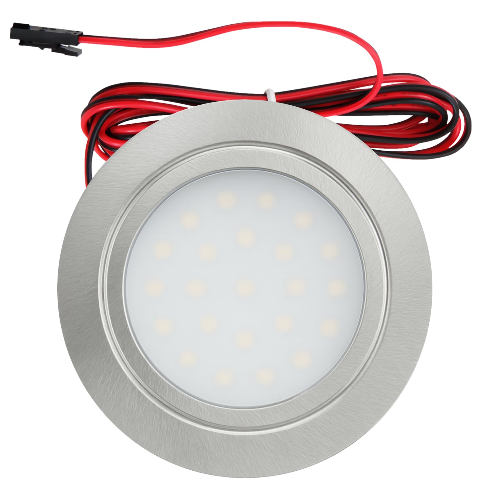 3er Set LED Möbeleinbauleuchte Finja 12V 2,4W Warmweiß 3000K | IP20 flach Ø65mm Einbauspot in Edelstahl geb. | 160lm | Inkl. LED Trafo, Mini-Verteiler & 230V Zuleitung | Für Küche, Bad & Möbel