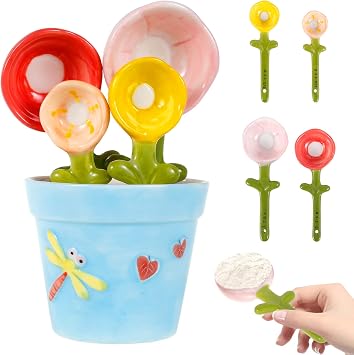 4 Pcs Cute Ceramic Flower Measuring Spoons Set with Base Decorative Flower Pot and Cup Set for Home and Kitchen Blue