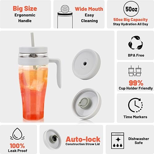 Miniatura 10 de Hydraful Vaso Tritan de 50 onzas con asa, tapa a prueba de fugas y popote, botella de agua de plástico reutilizable con marcador de tiempo, para