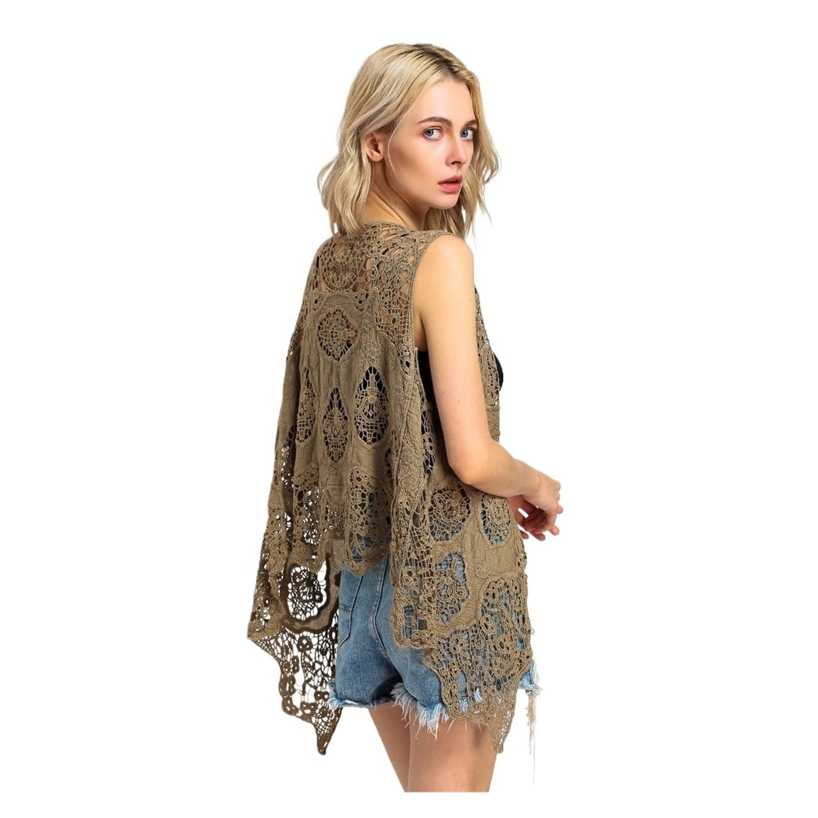 Cardigan asymétrique à motif floral rétro au crochet, couverture de plage