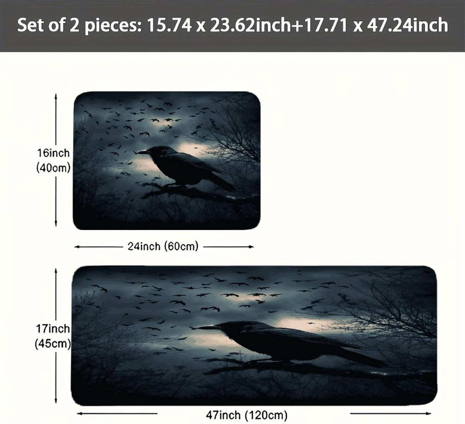 Night Crow Kitchen Mat Kitchen Rug Set | Kitchen Rugs Flannel Velvety Washable breathable Water Absorbent Soft ，kitchen utensils for Kitchen, Floor,Laundry
