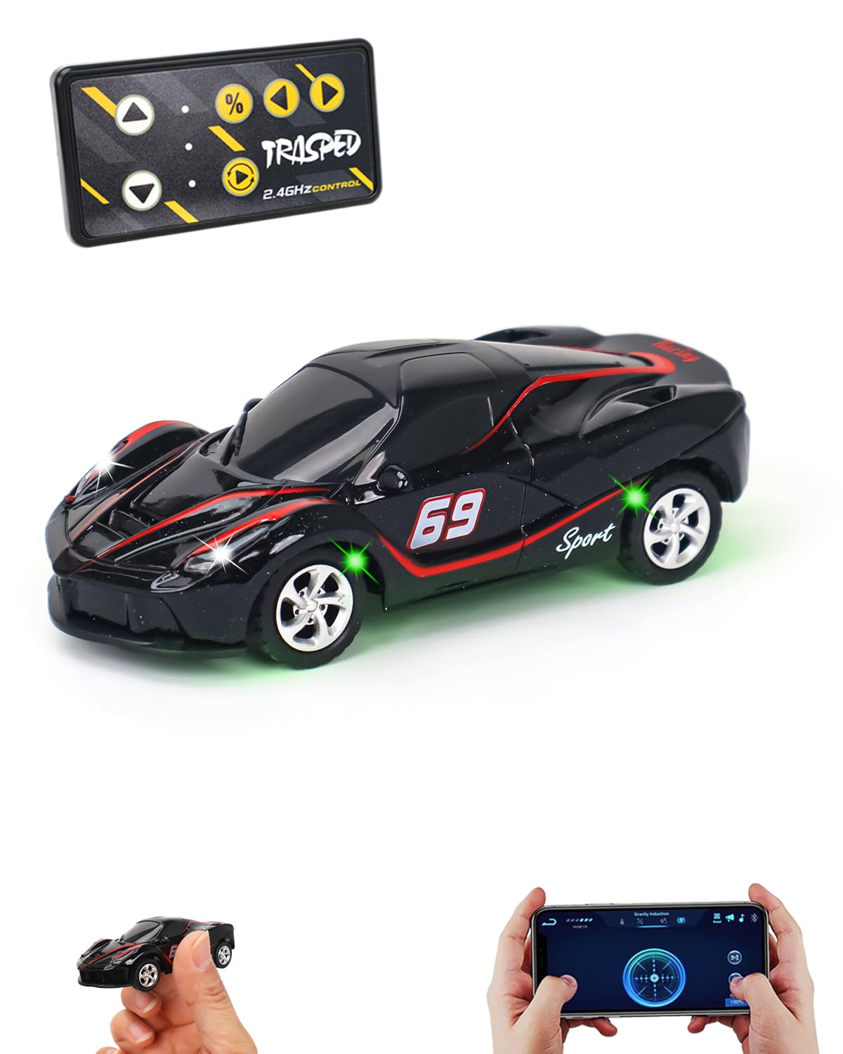 1:64 Black RC Cars for Kids Toys, 2.4Ghz Remote and APP Control, Mini Alloy Race Car with Cool Light and USB-C Recharging, Speed Adjustable Steering Easy to Operate, Gift for Children, Boys, Girls