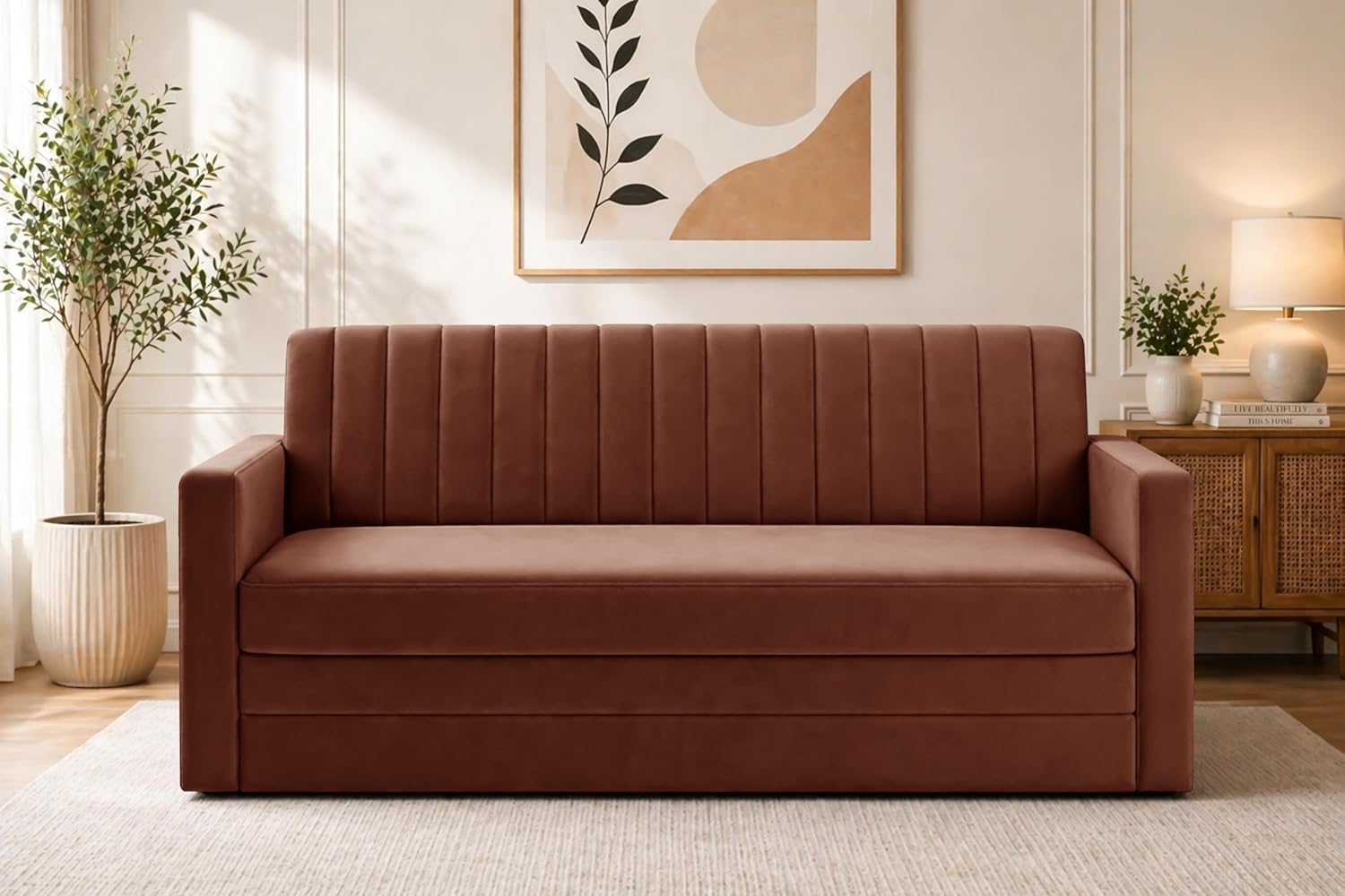 Winsome mattress Modern Velvet 3 Seater Sofa Cum Bed with Armrest, Convertible Sleeper Couch Sofa for Living Room Bedroom & Office - Brown Color