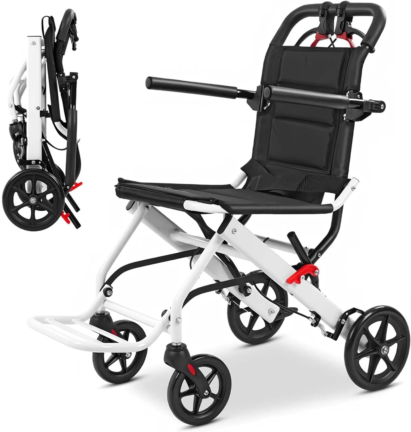 Ultralekki Wózek Inwalidzki Transportowy 6,2 kg Składany Aluminiowy, Wózek dla Seniora i Osób Niepełnosprawnych, Hamulce Opiekuna, Pas Bezpieczeństwa, Do Podróży i Codziennego Użytku