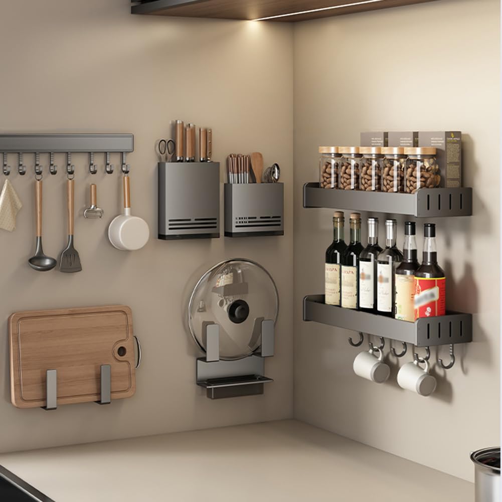 Organizador de especias gris montado en la pared, estantes de almacenamiento de cocina, fácil de montar, soporte de especias para armarios, organizador de especias esencial para cocinar en casa