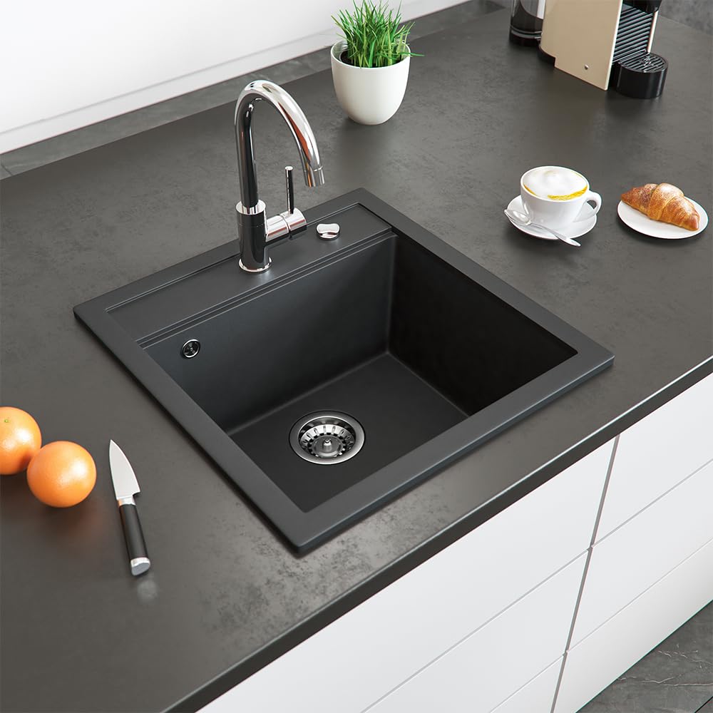 Bergström Fregadero "Tesa", Negro, 50 x 49 cm | con desagüe y orificios preperforados para grifería