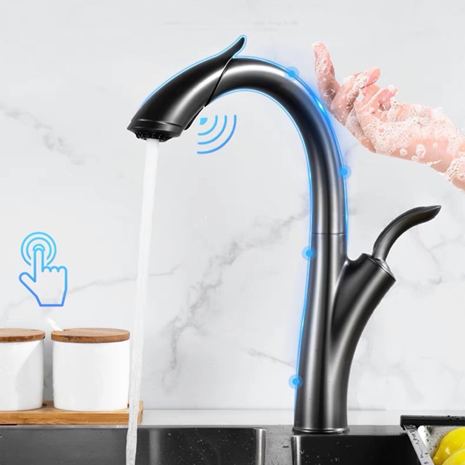 XJTNLB Robinet Tactile Chromé Mitigeur Evier avec Douchette | Mitigeur Douchette 2 Modes Rotatif à 360°, Mitigeur Cuisine Touchless Sensor en Laiton