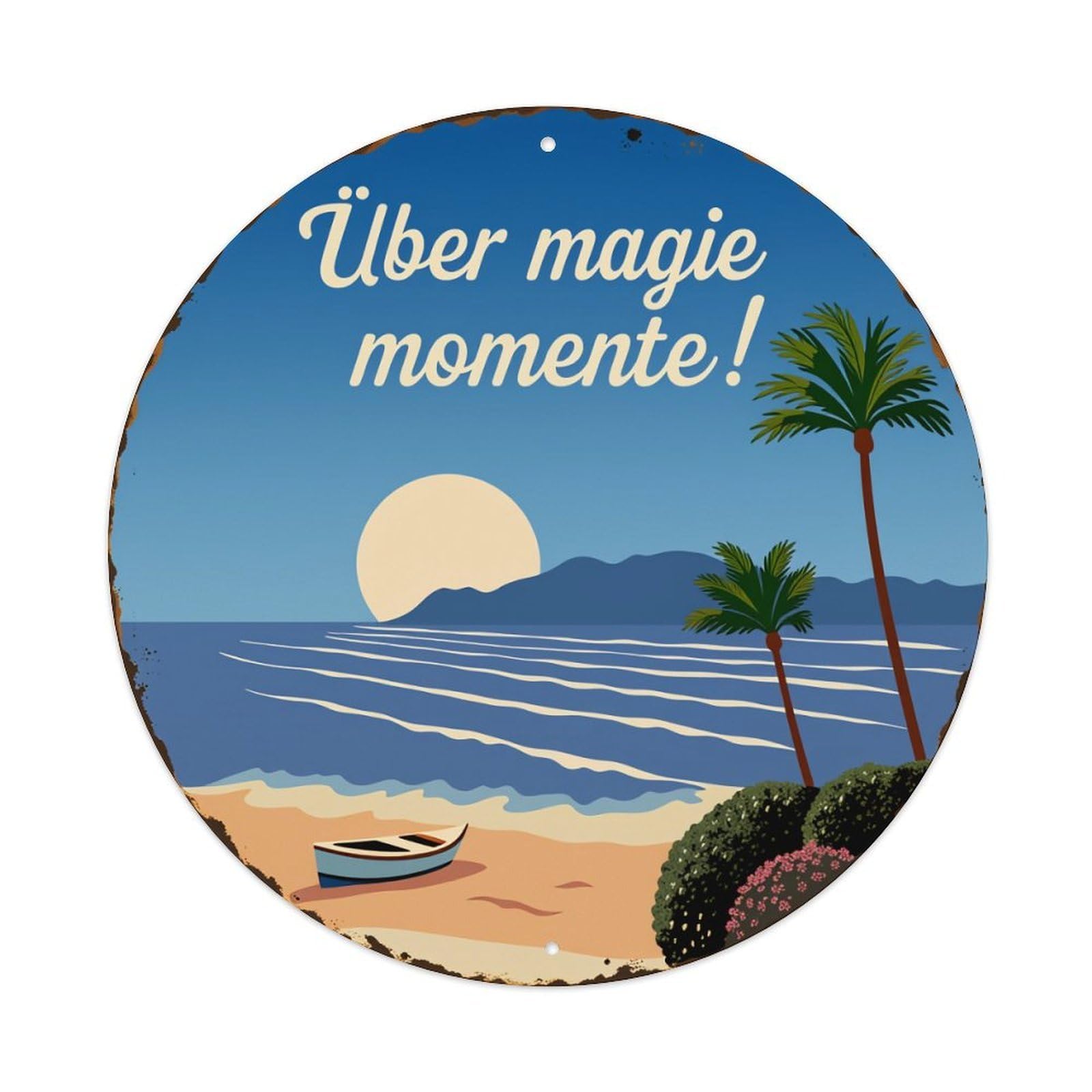 Tropical Beach Sunset Scene Boat Round Tin Sign Vintage Metal Poster Retro Bar, Home, Man Cave, Kitchen, Laundry Room Wall Art Decor Gift 8x8Inch