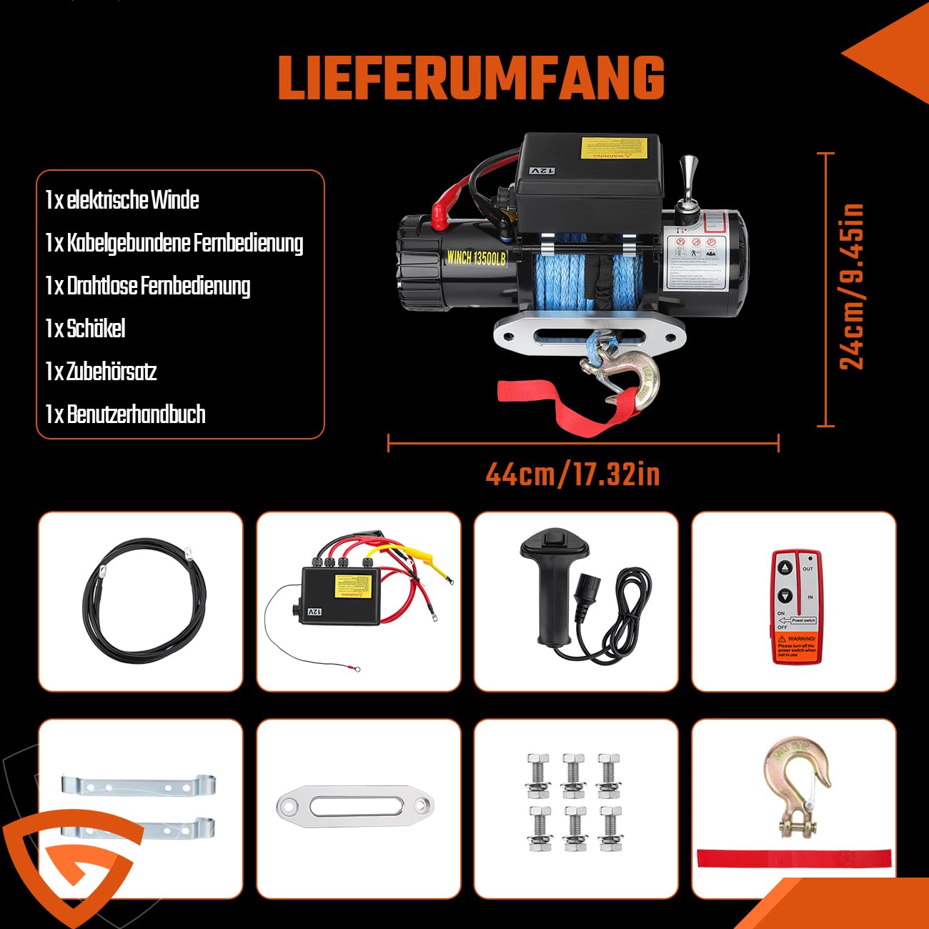 Elektrische Seilwinde 12V 6123 kg/13500lbs, Motorwinde 12V mit Dyneema-Seil, Funk & Kabel Fernbedienung, Wasserdichtem Steuergerät, Inkl. Seilfenster, IP67 für ATV, UTV, SUV, Boot, Anhänger