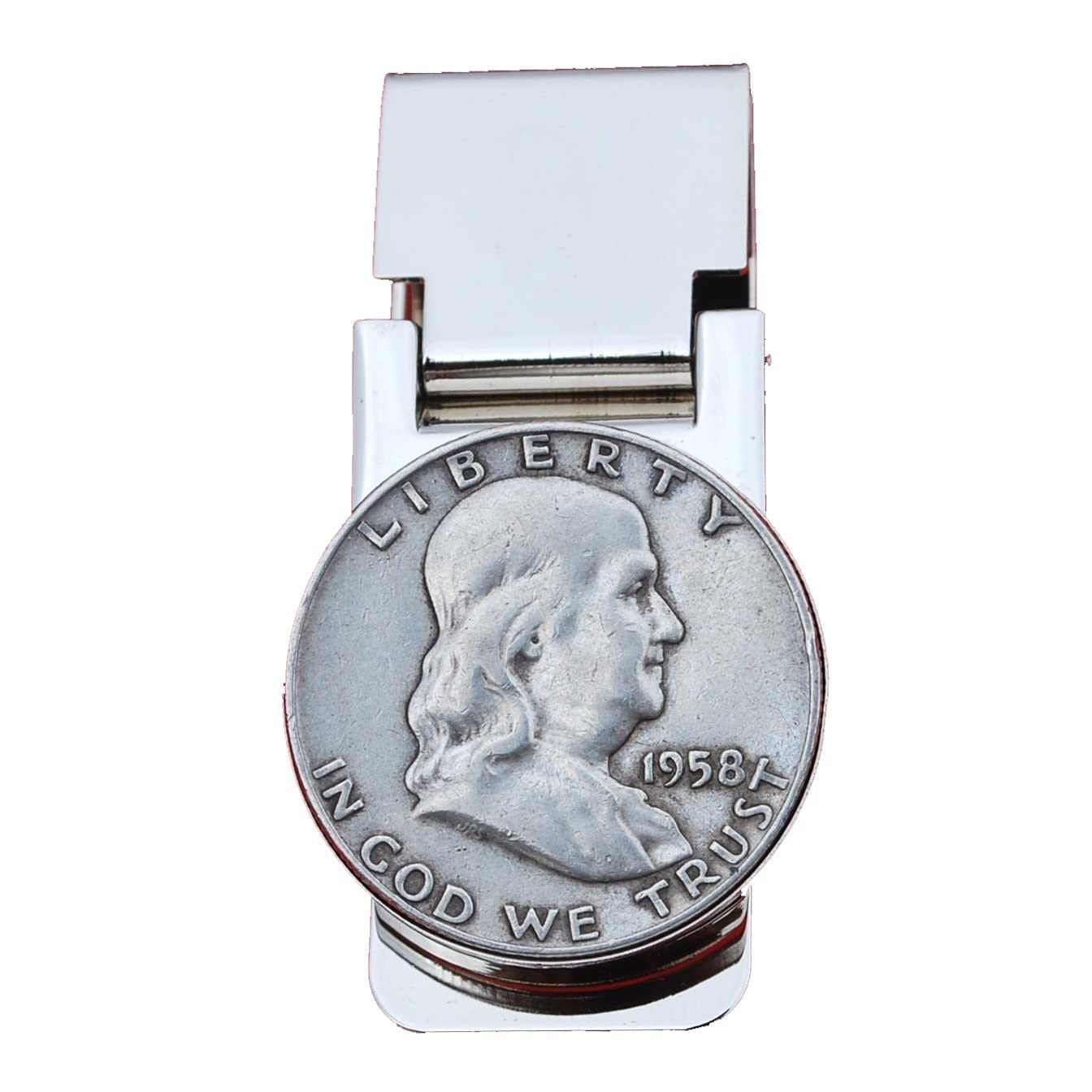 US 1958 Franklin Half Dollar 90% Silver Coin Hinged Money Clip NEW - Silver Plated Coin Bezel