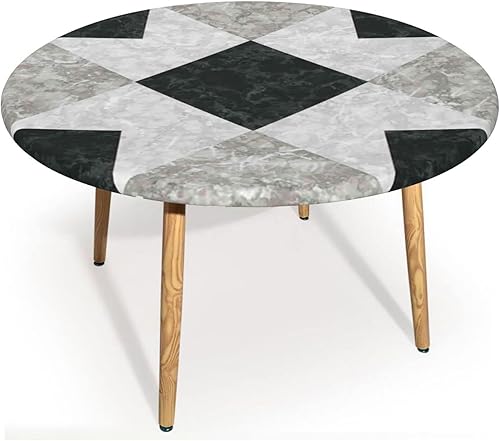 Mantel redondo de mármol con bordes elásticos, patrón de fondo de mármol, diseño de cultura marmoleada, impermeable y lavable, beige negro, se