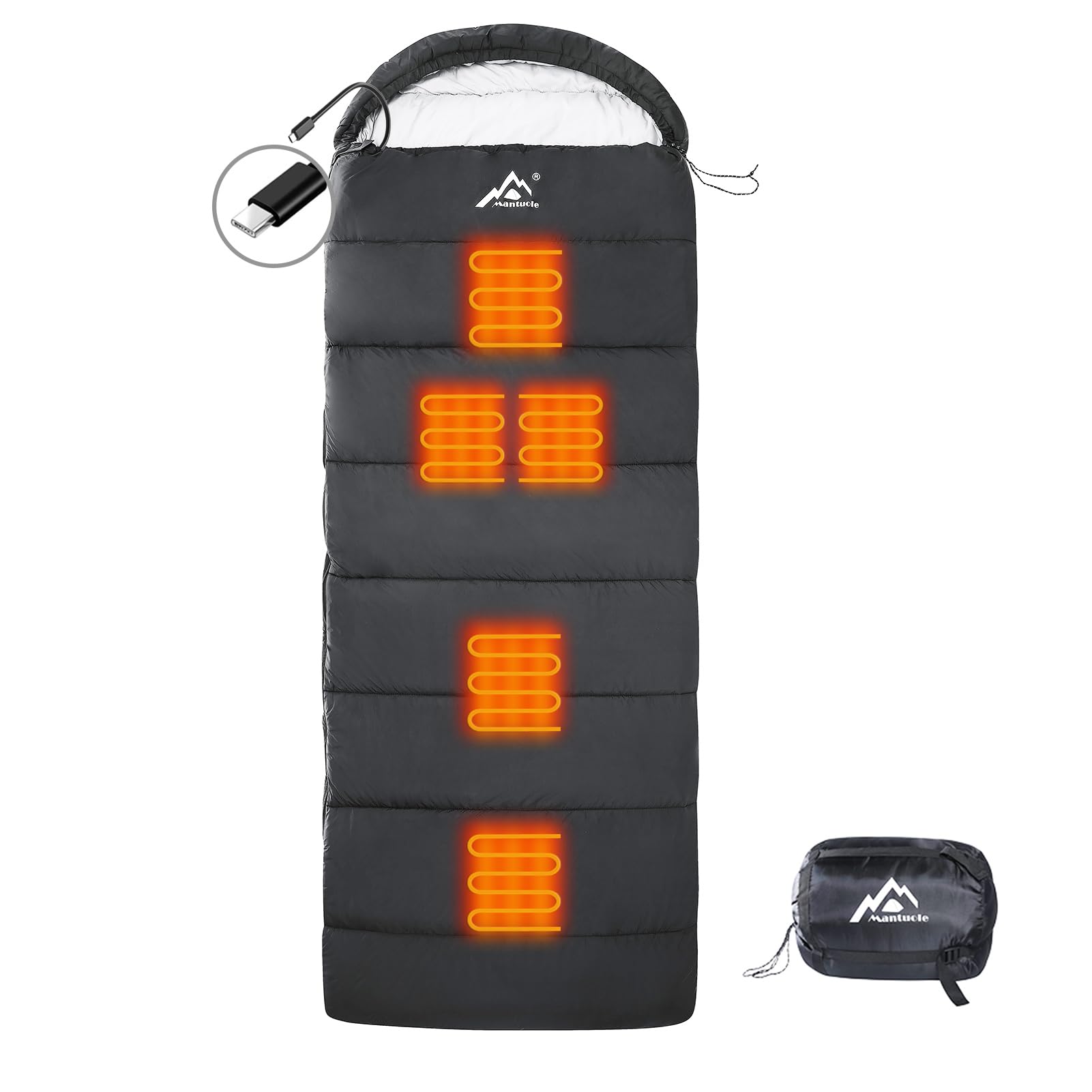 MANTUOLE Rectangular Heated Sleeping Bag Envelope Style 5pcs Multi USB Power Support Heating Pads, Operated with Battery Power Bank or Other USB Power