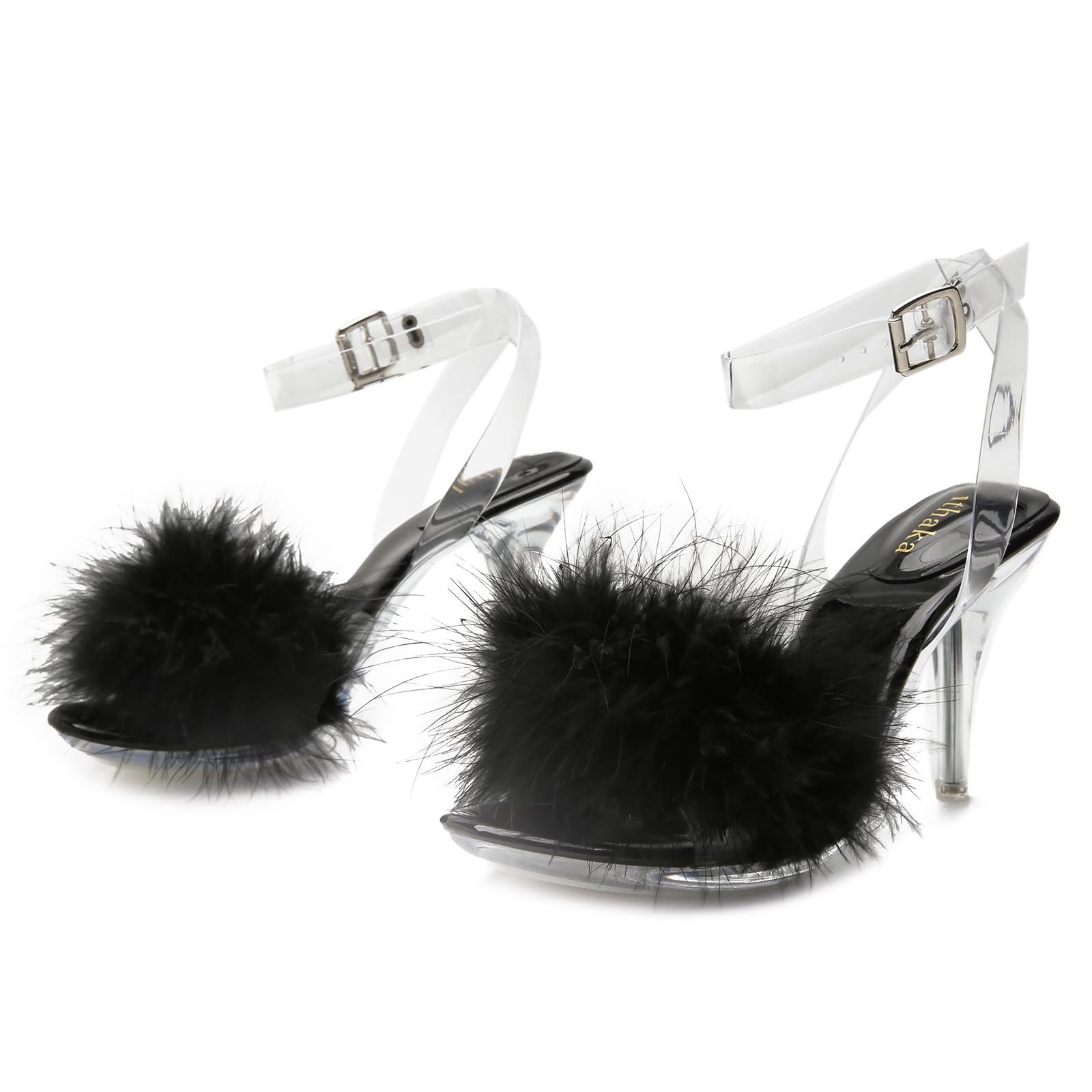 omthaka Women's Fuzzy Clear Heels Ankle StrapStilettos Heels Mules Sandals Fluffy Feather Slip On High Heeled Party Prom Dresses Shoes: 6 Black
