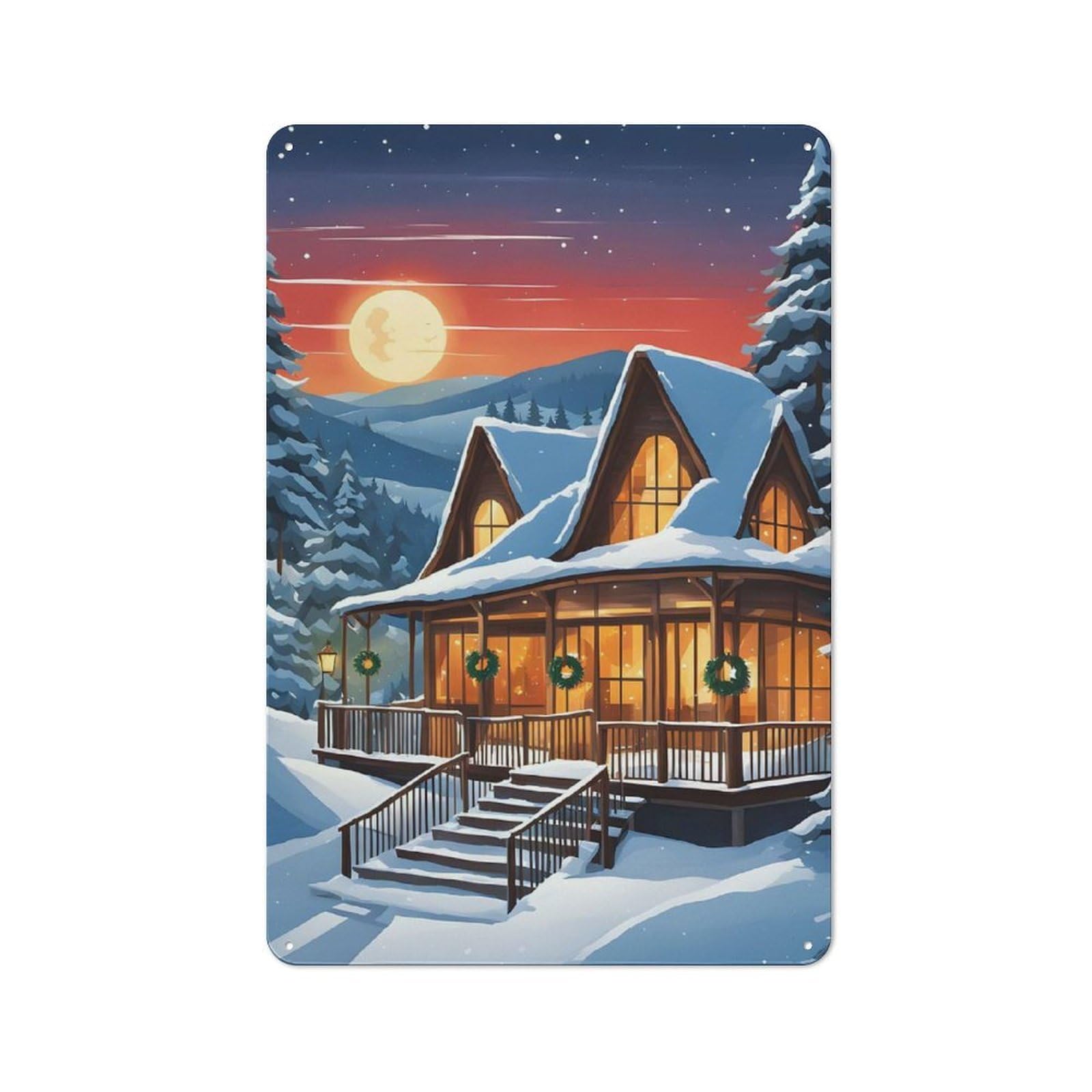 Rustic Tin Sign 30x20cm Featuring Christmas Chalet for Bar Or Restaurant, A Housewarming Gift for Bar Decor Enthusiasts
