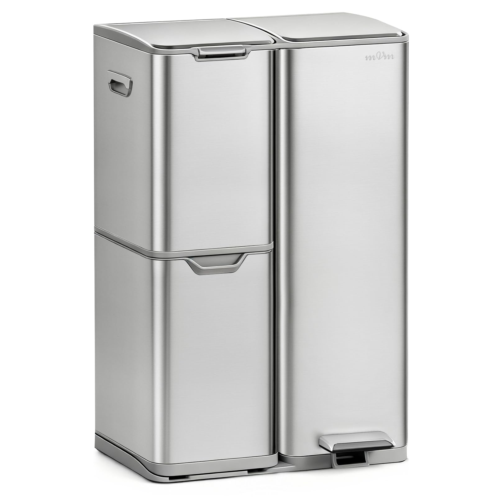 mVm Kitchen Bin,60L Triple Rubbish Bin,3 Compartment Stainless Steel Pedal Bin,Recycling Bin with Soft-Close Lids and Plastic Inner Buckets,Fingerprint Proof,Odour Seal,Large Capacity Trash Can