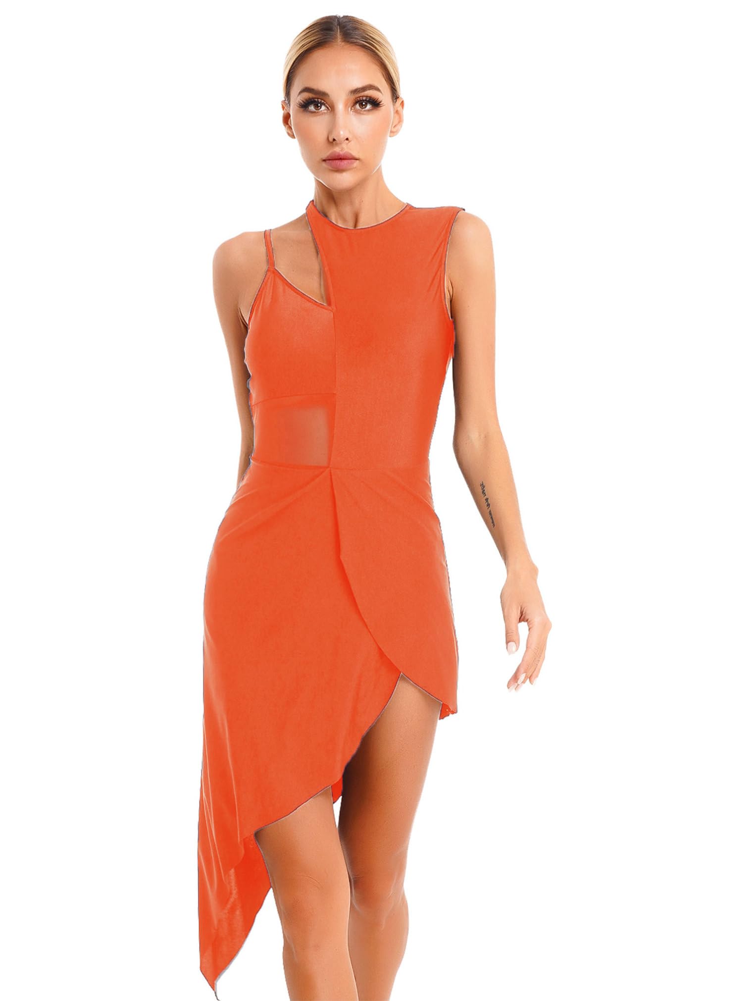 easyforever Women's Irregular Lyrical Dance Costume Mesh Patchwork Latin Jazz Tap Tango Ballroom Dance Dress Orange Small