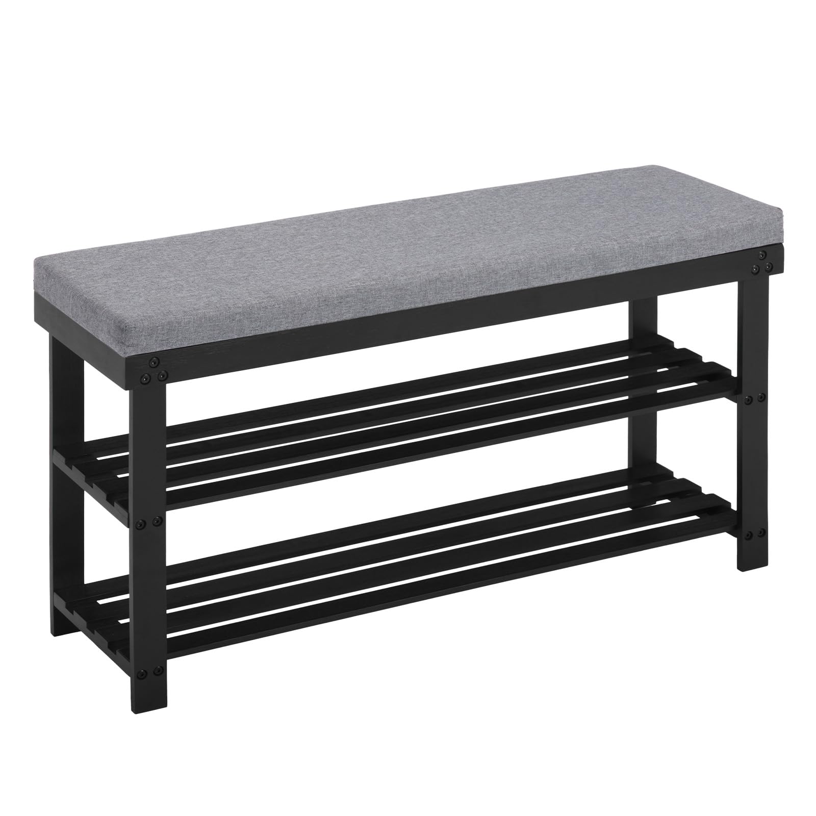 Apicizon 3-Tier Shoe Rack for Entryway, Bamboo Shoe Bench with Cushion Padded Seat, Small Shoe Organizer with Storage for Indoor Entrance Hallway Bedroom Living Room, 35.4 Inches, Black