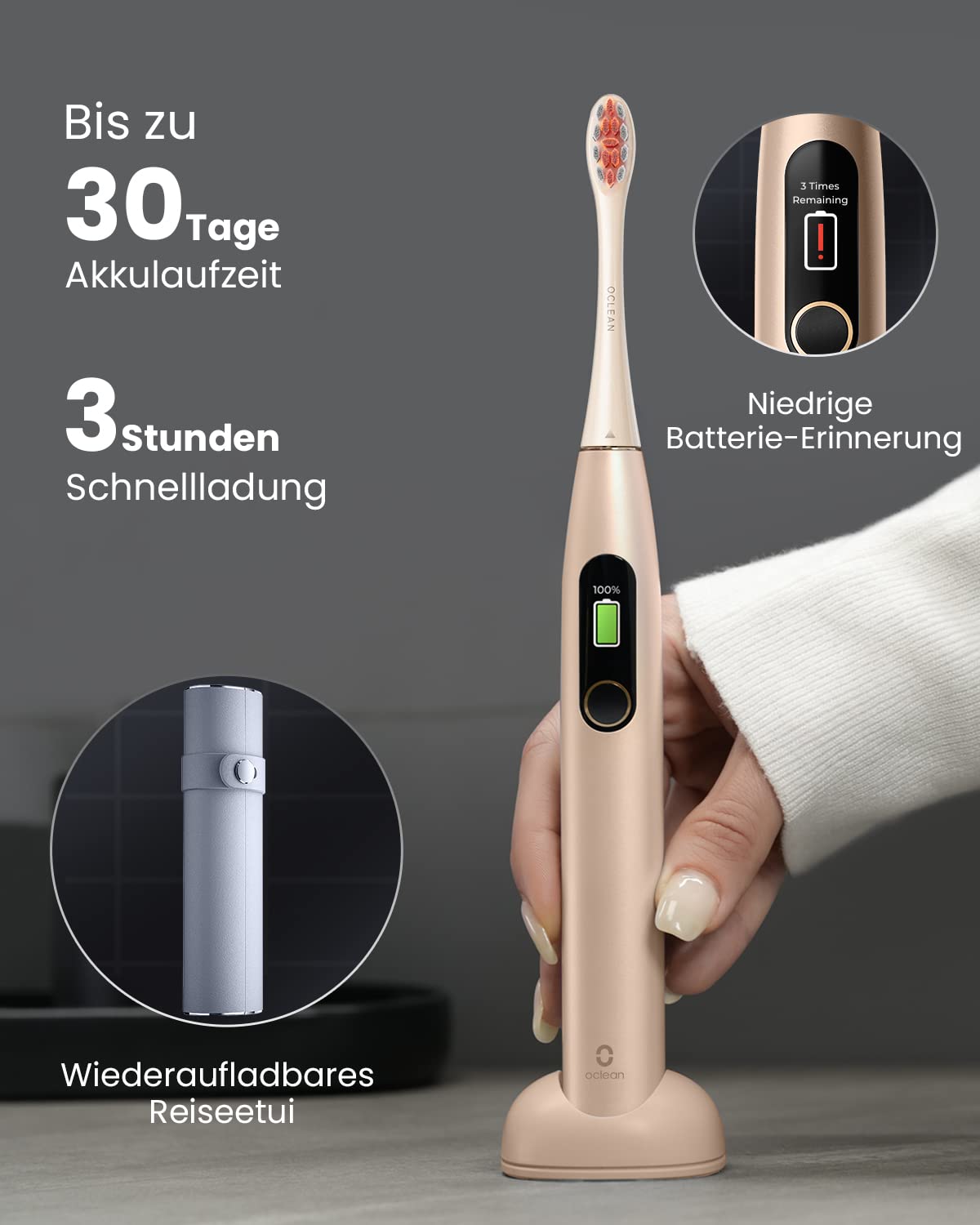 Oclean X Pro Digital Elektrische Zahnbürste mit 4 Bürstenköpfe & Reiseetui, Schallzahnbürste mit Farbdisplay, 30 Tage Akkulaufzeit, 3 Modi, 8-Bereiche-Verfolgung, mit Timer & APP, Golden