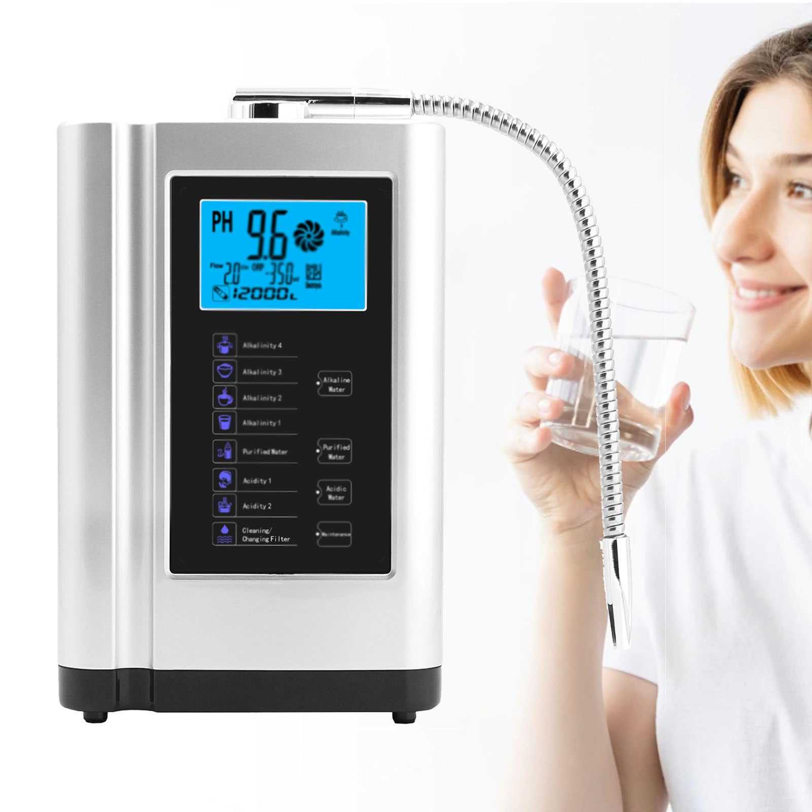 Máquina De Agua Electrolizada, Ionizador De Agua Alcalina De Ph 3.5-10.5, Valor De Orp Hasta -500 Mv, 8000 Litros Por Filtro, 7 Configuraciones De Calidad Del Agua, Limpieza Automática Silver