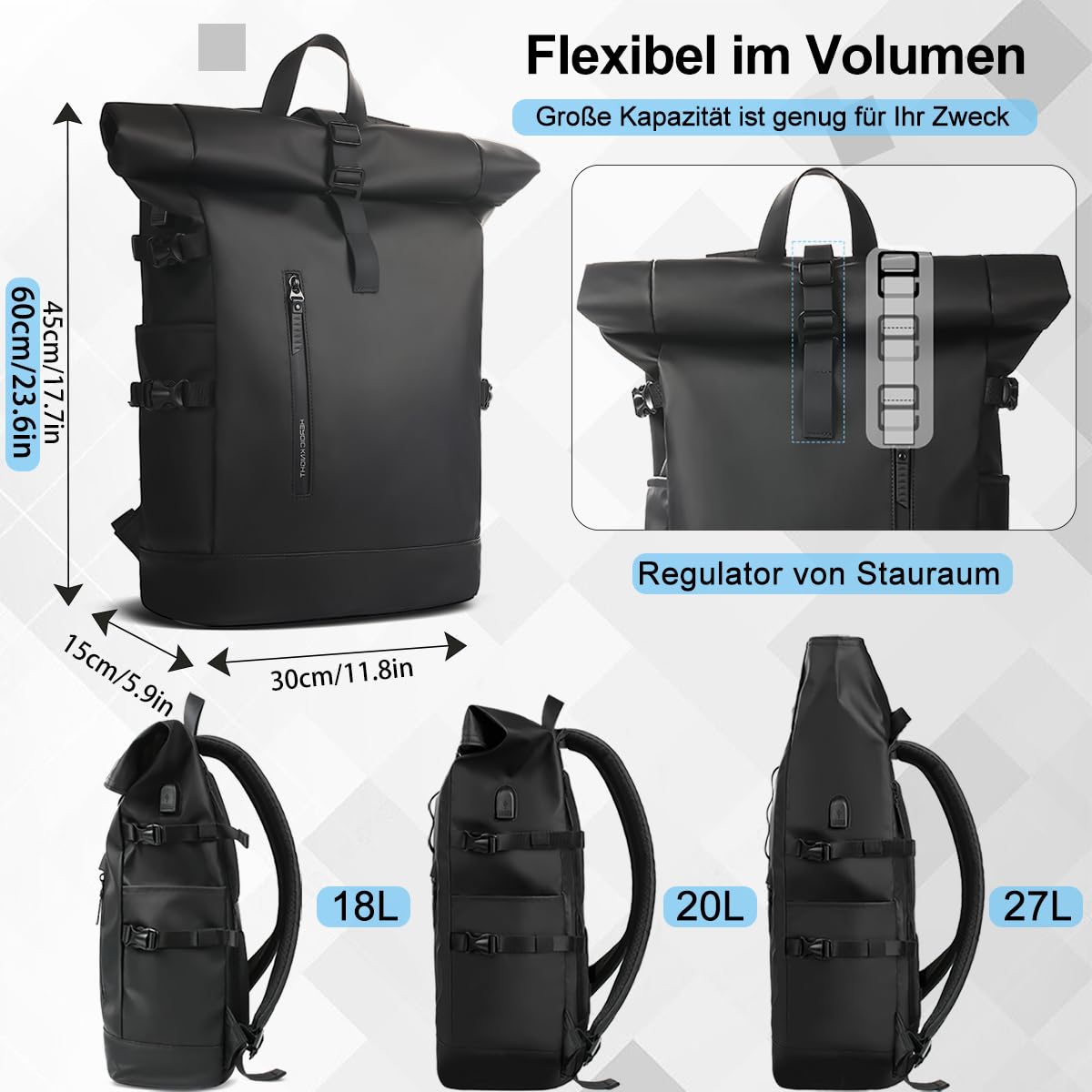 hk RollTop Rucksack Herren Damen 15,6 Zoll Laptop Rucksack Erweiterbar | Großer USB-Ladeanschluss Wasserdichte Anti-Diebstahl Rucksack für Uni Arbeit Reisen Sport
