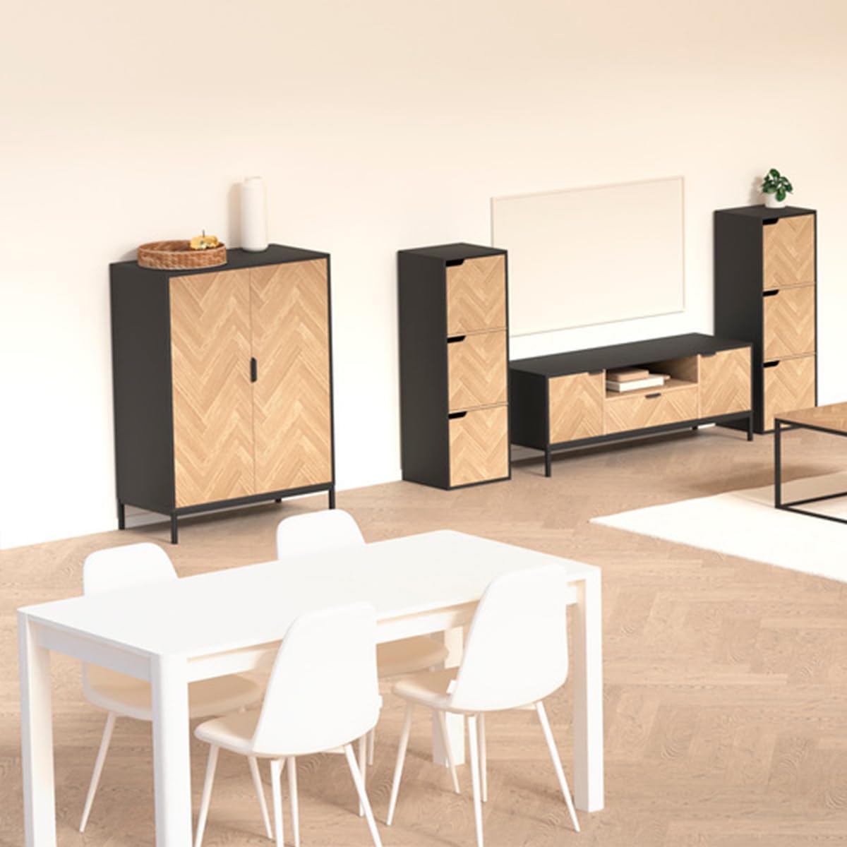 5 five simply smart 5five - Meuble de Rangement Chevrons Effet Bois et Noir, 2 Portes, H 110 x L 80 cm - Buffet pour Salon, Chambre, Entrée
