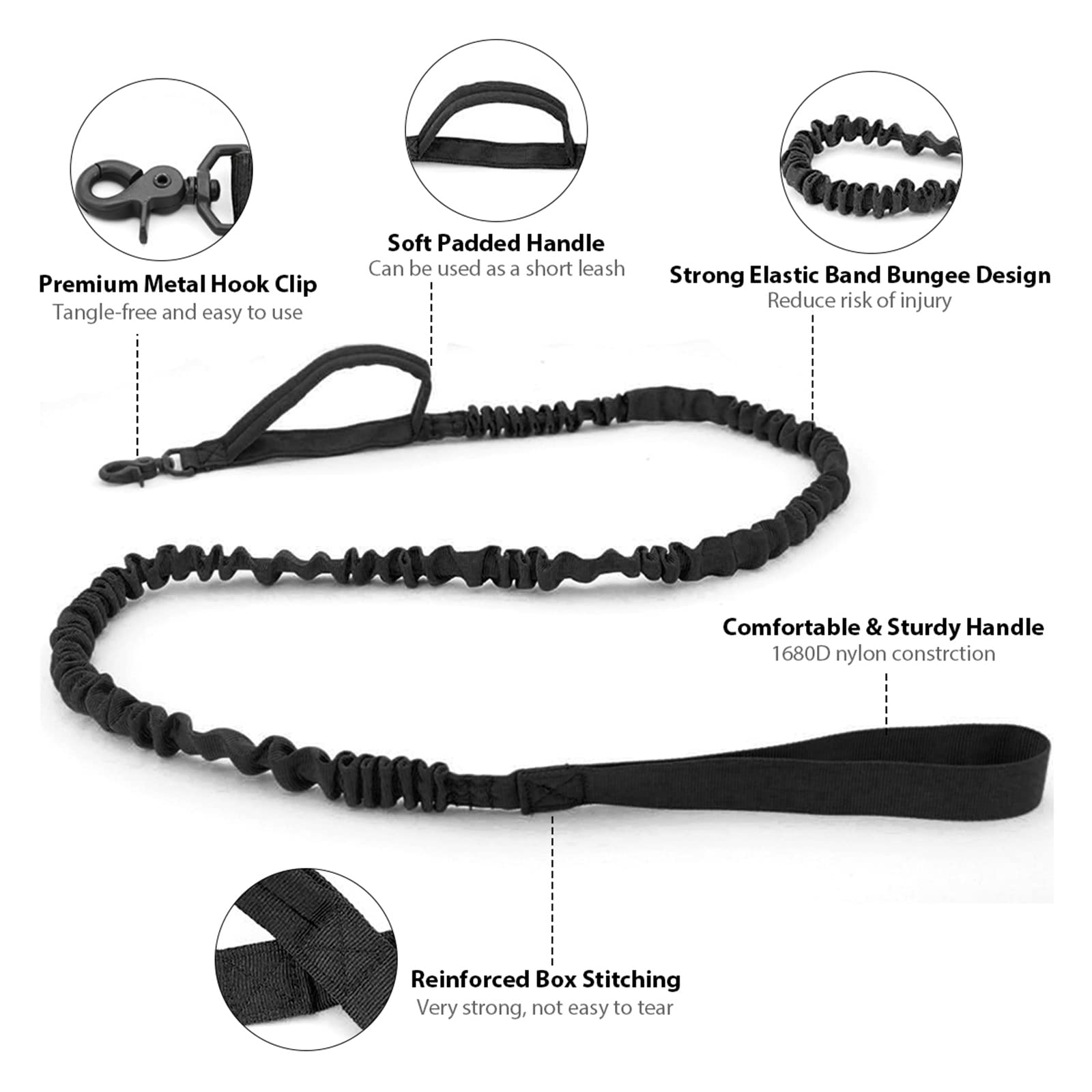 Juego de collar táctico y correa ajustable de nailon militar con mango de control, hebilla de metal resistente y correa elástica para entrenamiento de perros (XL, negro)